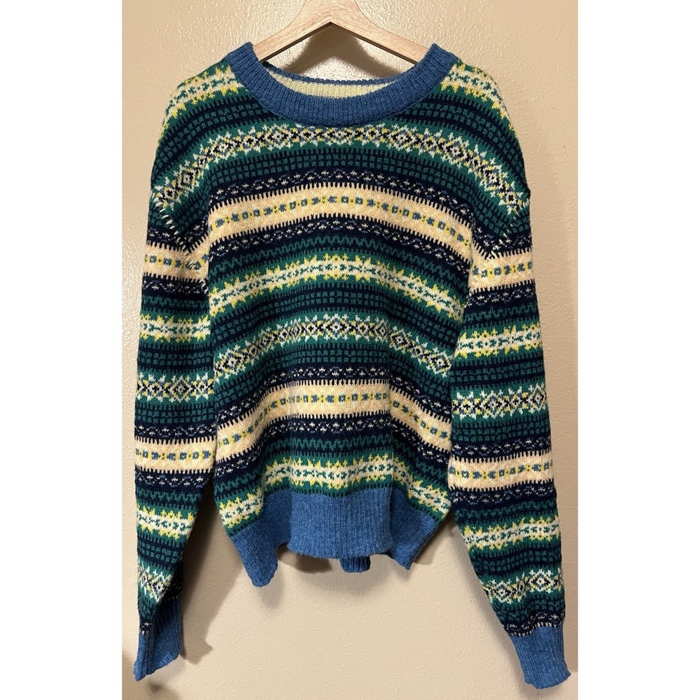 Urban Outfitters Hudson Fair Isle Crew Neck Sweater Blue Yellow Green Mens Sz XL